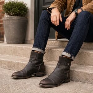 Bed|Stü Men's Brown Leather Engineer Moto Ankle Boots Side Zip Distressed 9.5